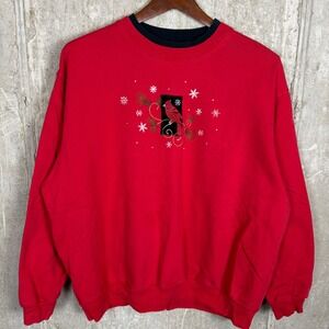 Vintage Red Cardinal Embroidered Christmas Sweatshirt Women XL Double Neck